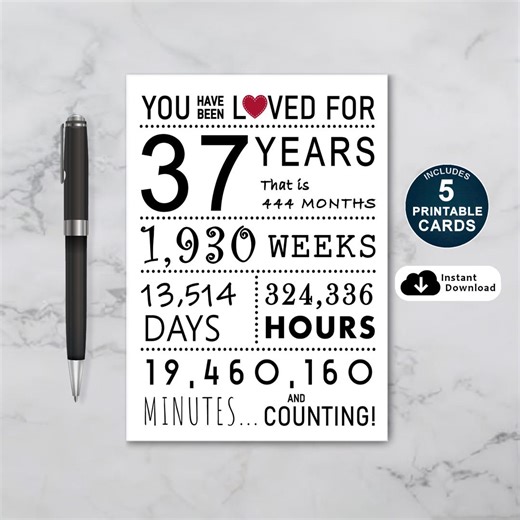 37th Birthday Card: Loved for 37 Years (printable PDF) - Etsy
