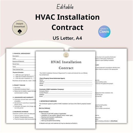 Editable HVAC Installation Contract Template, HVAC Service Agreement, Hvac Templates, Heating and Cooling System Installation Agreement, PDF - Etsy