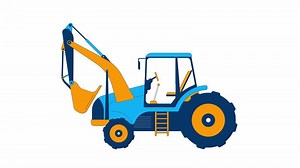 Excavator side view 2D object animation. Cabin, digging arm vehicle and tires cartoon 4K , alpha channel. Industrial equipment. Heavy machinery transport animated flat item on white background