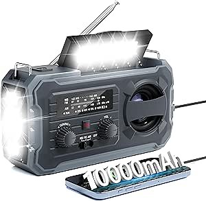 Hand Crank Emergency Radio, 10000mAh Weather Radio with AM/FM/NOAA, Solar Prower, SOS Alarm, Phone Charging, LED Flashlight, Portable Survival Gear for Outdoor & Home Emergencies Kits, Grey