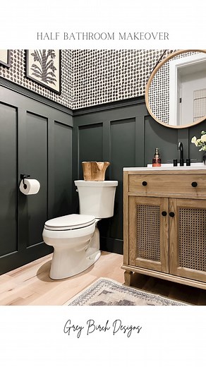 Half bathroom glow up!! I can’t get over the difference a little paint, wallpaper, and a couple days of work in this space made! It’s also the first room in our home that doesn’t have all white walls!! I used the color Rock Bottom by Sherwin-Williams on the board and batten. It’s the most gorgeous, dark moody green and one I’ll be using again in other areas of our home! The wallpaper is the Organic Dots in the Cream color by @ayara.home it’s the most gorgeous and easy to use peel and stick wallp