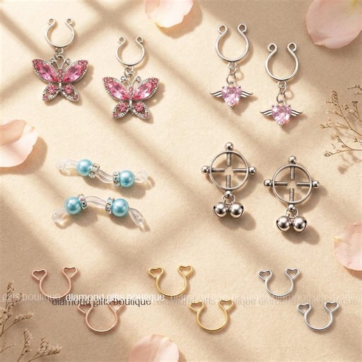 Non-piercing Nipple Jewelry Set, Adjustable Butterfly & Heart Shields, Screw-on Bells, Elegant Faux Nipple Rings, Minimalist Body Jewelry - Etsy