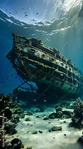 Underwater shot of a sunken ship covered in coral and marine life, History: The Bermuda Triangle