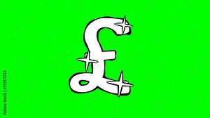 Animation loop of black and white cartoon Pound sterling symbol on green background, transparent background, alpha channel with mask