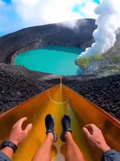 VOLCANO ACID LAKE SLIDE 🌋 POV sliding from the edge of an active volcano crater straight into a boiling blue acid lake. Hot and awesome. #VolcanoSlide #AcidLake #ExtremePOV #Geothermal#FYP