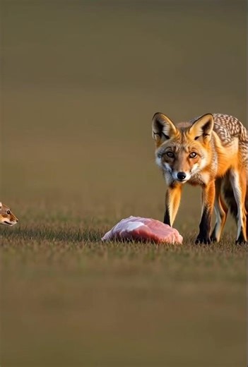 Mouse Approaching Meat, Fox Turns and Stares