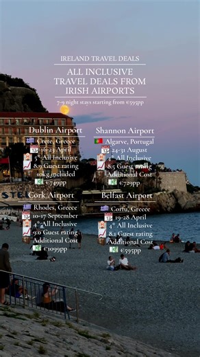 All Inclusive Travel Deals from Irish Airports 🛫 COMMENT ‘Deals’ to learn how to get access to all the latest Irish hotel deals and travel deals from Irish airports This week’s deals going out to members tomorrow include 7-14 night all inclusive getaways from under €569pp How to Book 1. Click the link at the top of our page 2. Sign up to become a member 3. Select the link to the relevant flight/hotel provided in our members e-mail 4. Book Directly through the supplier ✨SHARE with anyone plannin