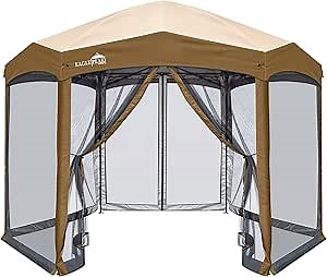 EAGLE PEAK Pop-Up Camping 6 Sided (6x6x6) Gazebo w/Mosquito Netting Easy Center Push Canopy Shelter Instant Setup Outdoor Screen Tent, Tan