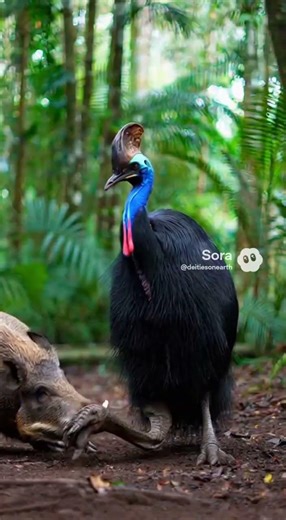 Cassowary vs. Wild Boar Fight