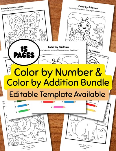 Color by Number Math Addition and Subtraction Coloring Pages for Kids Printable Practice Sheets Homeschool Kindergarten First Grade Activity