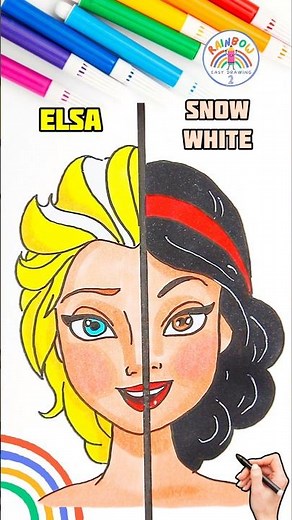 Draw Disney Princesses | Princess Elsa and Snow White Drawing 🌈👸🏼👸🏻#disney #drawing #shorts