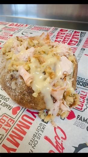 1.1K views · 30 reactions | Rainy days call for comfort food ️凜 Our Thanksgiving Spud is the ultimate cozy bite — here for a limited time only, so grab yours before it’s gone! | City Bites | Facebook