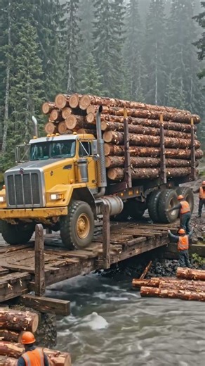Overloaded Logging Truck Struggles on a Dangerous Forest Bridge #truck #shorts #viral