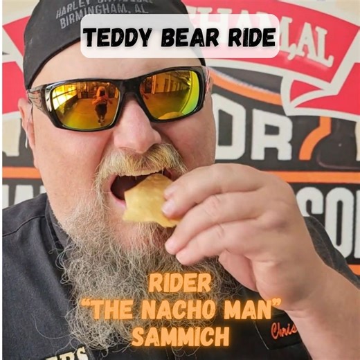 Rider "The Nacho Man" Sammich has a message for YOU about the Teddy Bear Ride at Riders Harley-Davidson in Trussville, Alabama, your Warranty Forever Dealership by the Birmingham HOG Chapter. More Info ➡ https://bit.ly/42Al3PZ #RidersHD #205HDDealer #RiderTheNachoManSammich | Riders Harley-Davidson