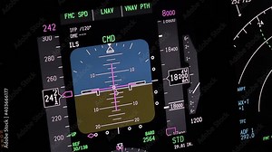 Flight instruments display of a modern passenger airplane flying at night. Actual cockpit footage. Aircraft is descending for landing.