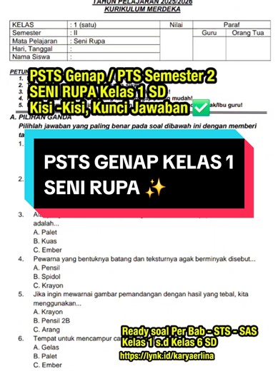 Penilaian Sumatif Tengah Semester (PSTS) Kelas 1 Semester 2 Seni Rupa #sumatifkelas1 #sumatifkelas1sd #senirupakelas1 #soalsenirupa #gurukelas1