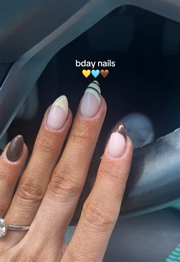 for my bday this next week! Loveeee the blue, yellow, & brown nail color combo 😍 so perfect for spring and summer #springnails #cutenails #smallcreator #utahmom #summernails