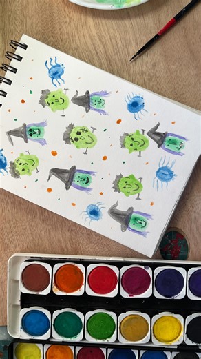 Esta idea de dibujo es muy fácil si no sabes qué dibujar. Solo necesitas unas acuarelas y tu dedo para formar muchas figuritas. 🎨🫵🏾 Yo dibujé primero con un verde claro y después un verde oscuro para formar dibujos de Halloween, ustedes ¿que hubieran dibujado ?🧟‍♀️ #arte #dibujos #acuarela #diyhalloween #draws #drawdrawdraw #art #dibujante #artista | Drawnielo