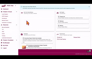 Member resources are now available on the P.E.O. Hub! Members will automatically be redirected to the Hub after logging in at www.peointernational.org. Find resources by selecting Library under the Resources tab in the left-hand navigation. You can use the search bar or dropdown filter to find what you're looking for. | PEO International