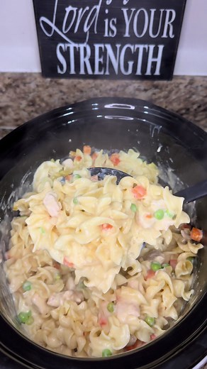 Crockpot Creamy Chicken and Noodles Ingredients \t•\t1½ lb boneless skinless chicken breast, cut into chunks \t•\t2 cans cream of chicken soup \t•\t3 cups chicken broth \t•\t1 tsp garlic powder \t•\t1 tsp onion powder \t•\t½ tsp black pepper \t•\tSalt to taste \t•\t12 oz egg noodles \t•\t¾ cup heavy cream \t•\t2 tbsp butter \t•\t1½–2 cups frozen peas and carrots Instructions \t1.\tAdd the chunked chicken breast to the crockpot and season with garlic powder, onion powder, pepper, and salt. \t2.\t