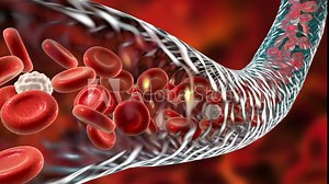 Blood flow, red blood cells and leukocytes moving along blood vessel, view from side, scientifically accurate realistic 3D animation