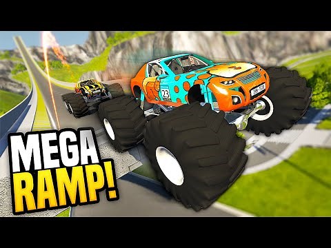 DRIVING MONSTER TRUCKS DOWN A MEGA RAMP - BeamNG Drive Multiplayer Mod (Crashes)