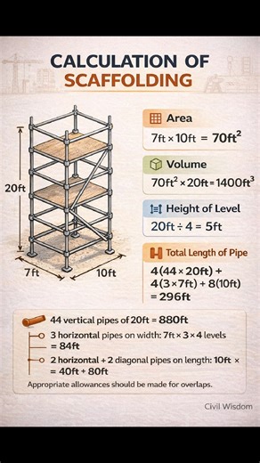 Scaffolding quantity calculation is essential for proper planning, safety, and cost estimation at site. In this infographic, we clearly explain: ✔ Area calculation ✔ Volume estimation ✔ Height per level ✔ Total pipe length calculation Understanding these basics helps site engineers reduce material wastage and improve project efficiency. Always consider safety standards and additional allowances for joints, overlaps, and bracing while estimating. Follow Civil Wisdom for practical civil engineerin