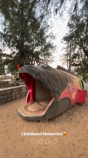 Glimpses of Goa on Instagram: "#childhoodmemories | #Miramar fish and slide have been famous since our childhood. For many Goans, those colourful fish structures and the slide at Miramar were more than just play equipment — they were core #memories. Family outings, evening walks, sandy feet, and kids lining up for “one more slide” 🐟🛝 They became an unspoken landmark of Miramar Beach, something every child recognised instantly. Even today, just mentioning “Miramar fish” takes people straight ba