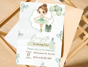 Ballerina Birthday Invitation: Green Ballet Party, Editable Canva Template (digital Download) - Etsy