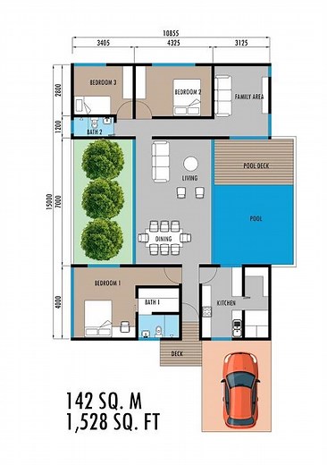 Modern Tropical 3 Bedroom House Plan |Swimming Pool |Courtyard