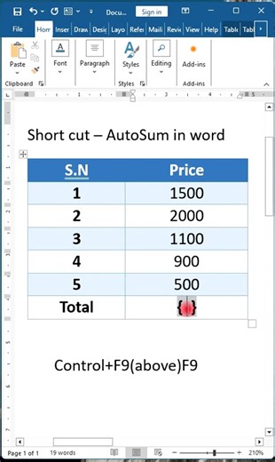 How to use sum formula in Microsoft word #msword ms word trick and tips