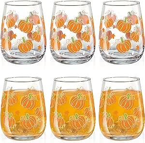 Maxcheck 6 Pack 18 oz Thanksgiving Wine Glasses Set Pumkin Stemless Wine Glasses Fall Party Drinking Cups Clear Drinking Tumbler for Homes and Bars for Party Gift