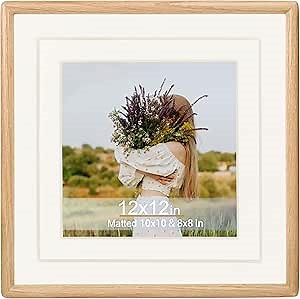 Square 12x12 Picture Frame Horizontal Vertical Display Photo 8x8/10x10 with Mat or 12x12 without Mat Made of Solid Oak Wood with Real Glass Table Desktop Standing Wall Mounting Gallery Poster