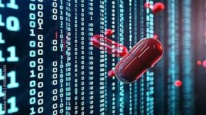 Pill bottles with data codes and binary numbers cascading down the background, depicting AI's computational power in enhancing healthcare treatment accuracy