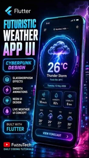 Future Weather App UI in Flutter ☁️⚡ Cyberpunk Neon Design 🔥 #flutter #coding #ui