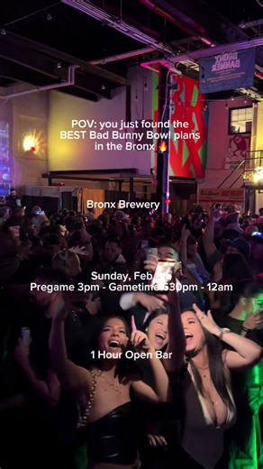 Yes it's happening... Bad Bunny Bowl X Perreo Zoo Join us for the ultimate watch party at @thebronxbrewery Sunday, Feb 8th No place better to see Benito than the Bronx-We'll have our DJ lineup rocking along with the game and halftime show displaying on multiple large screens wall projector. Don't miss out! Pregame starts 3PM Game time: 6:30PM - going until midnight 📍 Bronx Brewery 856 E 136th St ⏰ 3PM-12am 🍻 1-Hour Open Bar (3-4PM) Tequila Sunrise 🎟️ Tickets on sale now #badbunny #bronx #perr