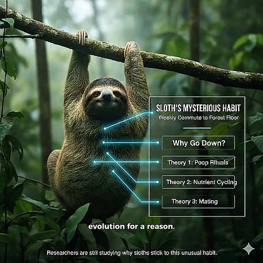 Okay, so sloths do this crazy thing once a week where they risk their lives to climb down from their trees and drop a massive poop that can weigh up to a third of their body weight! Yeah, sloths might seem all chill, but their bathroom routine is wild. They only poop once a week, and when it's time, they make this super risky trip down from the trees. This slow climb makes them easy targets for predators, but they still do it every single week. 🦥 Once they get to the ground, they dig a little h