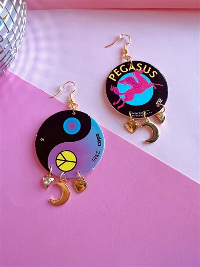 90s POG Charm Earrings / Pegasus & Peace Sign / Authentic POGS With Stainless Steel Charms / Funny, Nostalgic Jewelry - Etsy