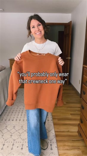 MARISSA | Realistic Outfits & Petite Style on Instagram: "I love a comfy crewneck sweatshirt & it’s even better if it’s one of my favorite colors🧡 Here are 4 ways I’m wearing this adorable burnt orange one from @landsend this winter❄️ Outfit 1: crewneck + jeans + puffer vest + clogs Loved the green and orange pairing here (I’ve been obsessing over this color combo lately🤭) and the wide leg jeans and clogs make it cute and functional!🧡🌲 Outfit 2: crewneck + jeans + sherpa vest + boots Sort of