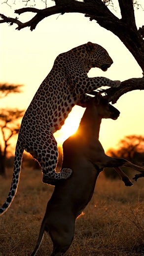 Leopard's golden sunset kill: Dragging prey up a tree.