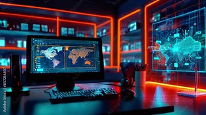 This is a video of a dark room with a computer on a desk. The computer has a map of the world on the screen. There are red and blue lights in the room.