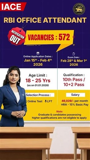 RBI Office Attendant Recruitment 2026 | 572 Vacancies | 10th Pass Govt Job