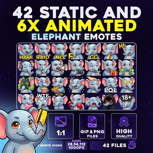 42 + 6 Animated Elephant Emotes Pack PNG & GIF for Streamers, Twitch, Discord, Kick, | Chibi Elephant Emote Pack - Etsy