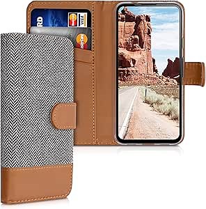 kwmobile Wallet Case Compatible with Google Pixel 4a - Case Fabric and Faux Leather Phone Flip Cover - Light Grey/Brown