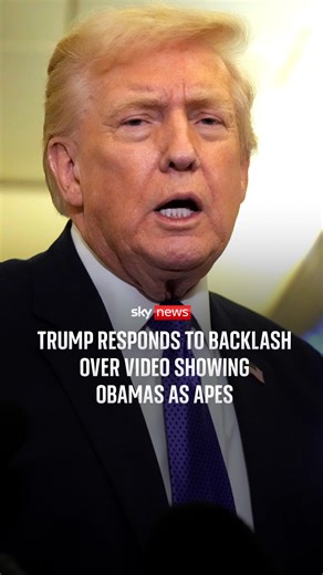 Sky News on Instagram: "Donald Trump has refused to apologise for a social media post depicting Barack and Michelle Obama as apes, saying he "didn't make a mistake". ⁠ ⁠ #DonaldTrump #BarackObama #MichelleObama"