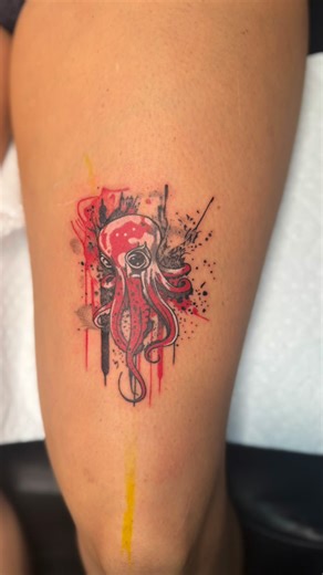 Trash Polka Octopus 🐙 Pulled straight from my Flash Series!! Flash designs are first come, first served and slightly more open creatively. If you’ve been wanting something gritty and different, this style hits hard! 📅 Booking January & February! #TrashPolkaTattoo #OctopusTattoo #FlashTattoo #FlashSeries #BlackAndRedTattoo | Omnificent Tattoo Studio