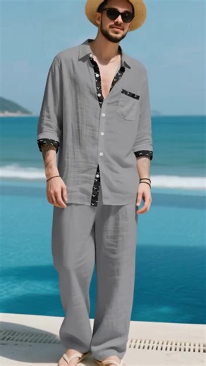 Herren-Leinenhemd mit langen Ärmeln, lässige Strandmode für den Urlaub, locker geschnitten, komfortabel im Sommer #clothes #zaraoutfit #menfashionstyle #swimwear #jumpsuit #nyeoutfit #hoodieset #winterloungewear #loungeset #newyearsoutfit