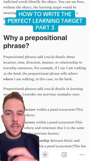 Paul Emerich France, Make Teaching Sustainable on Instagram: "Some of you really came for me this week on this one—and for the record I love it—but do me a favor and listen to the whole thing and/or make sure to read the whole post! For the record, I’m not saying that we should require teachers to post learning targets, but I do think it’s best practice to have a clear target going into a lesson. How you share that with kids is up to you. In part three here, we unpack the prepositional phrase, w