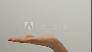 Close up view of 1 female adult outstretched caucasian hand on gray background holding nothing. Young woman's hand in gesture as if showing something virtual and invisible.