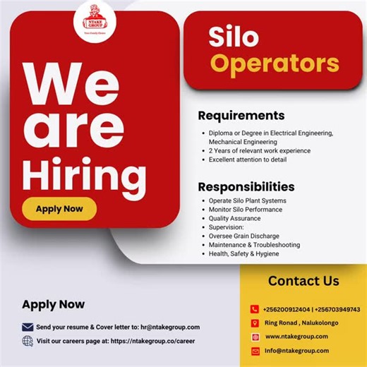 WE ARE HIRING Ntake Bakery & Company Limited is looking for Silo Operators to join our Flour Mill team at our Head Office in Nalukolongo. If you’re experienced in silo operations, grain handling, and committed to quality & safety, we’d love to hear from you. 📍Nalukolongo, Kampala 📅 Deadline: 3rd January 2026 📧 Send applications to: hr@ntakegroup.com Visit our Careers page: https://www.ntakegroup.co/career #NowHiring #SiloOperator #JobsInUganda #ManufacturingJobs #EngineeringCareers NtakeBaker